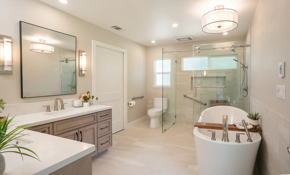 Freestanding tub and walk-in shower in Fresno, CA bathroom by Imagine Remodeling